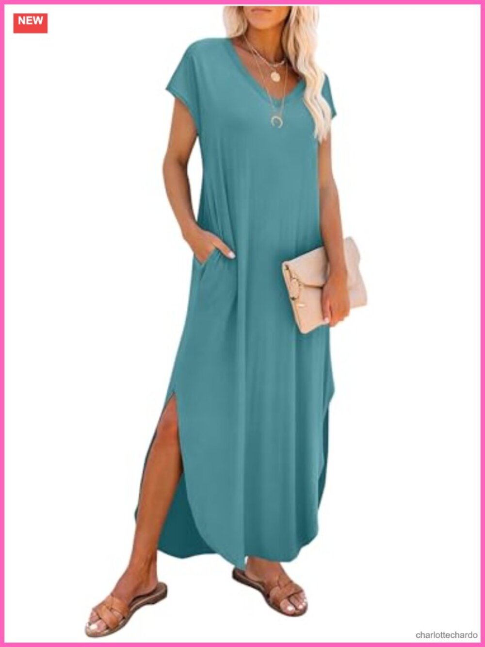 Women's Maxi Dress V-Neck Cap Sleeve Sundress with Pockets Flowy Beach